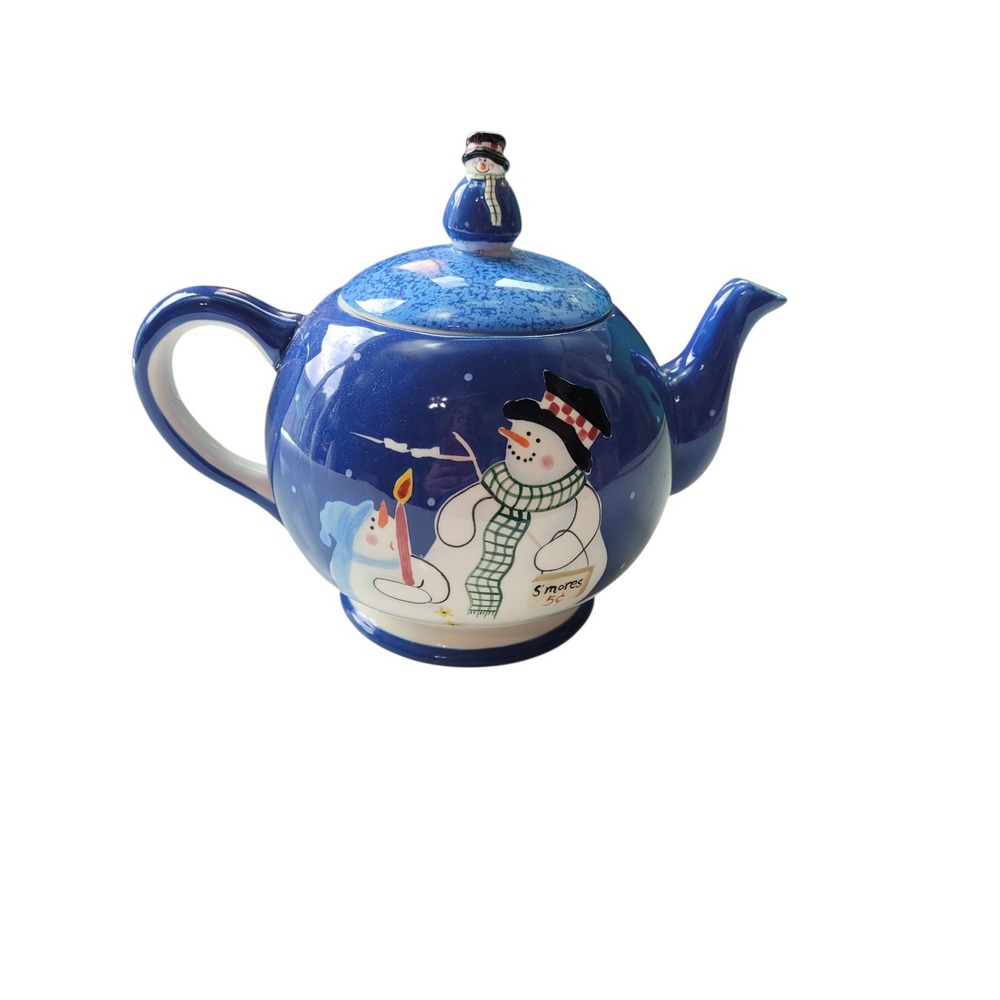 Vtg 2000 Jolly Follies S'Mores the Merrier Holiday Snowman Blue TEAPOT 4cups